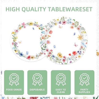 141Pcs Wildflower Party Decorations Spring Floral Birthday Decorations for 20 Guests - Tableware Plates and Napkins Forks Cups Straws Tablecloth for Baby Shower Party Decorations