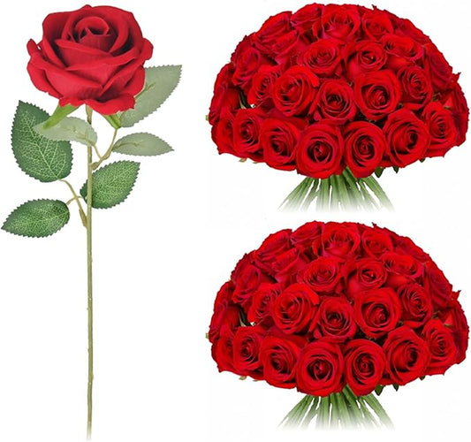 Artificial Silk Roses Flowers - 200 Pack Rose Red Fake Flowers for Wedding Decor, 3.7Inch Velvet Flower Heads with 50cm Long Stems, Suitable for Home, Party Event Decor (200, Rose Red)