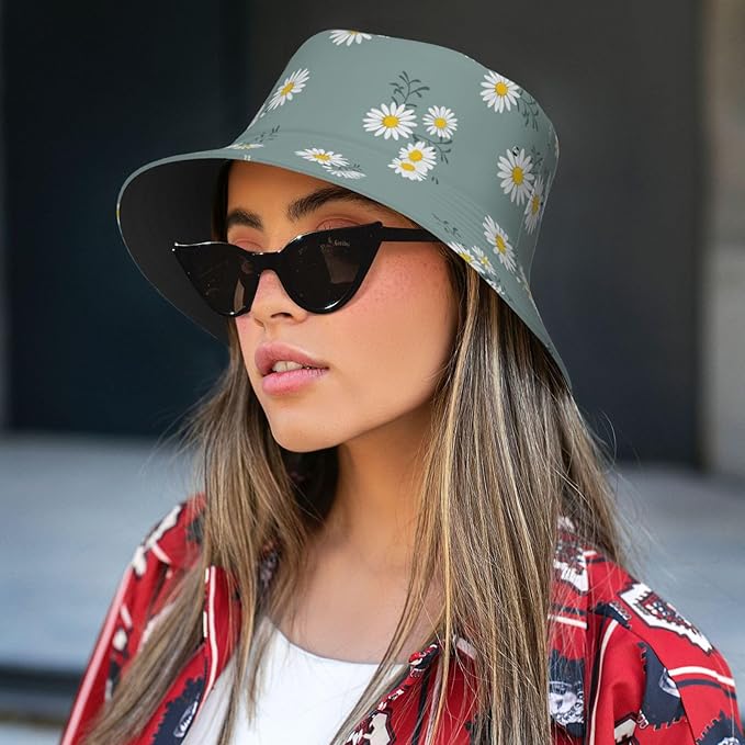 Small Daisy Green Chrysanthemum Flower Bucket Hats Fashion Sun Cap Packable Outdoor Fisherman Hat for Women and Men