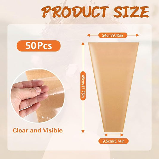 50Pcs Flower Bouquet Wrapping Paper Bags - Kraft Paper & Clear Sleeves for Bouquets, Flower Bar Supplies, Wedding, Mother’s Day, Graduation Gift, 9.45x3.74x17.75 Inch