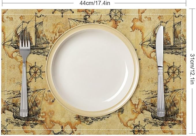 Nautical Themed Placemats Beach Vintage Map Boat Art Printed Dining Table Mats Set of 4 for Restaurant Home Kitchen Holiday Picnic Party Decor 12x18in