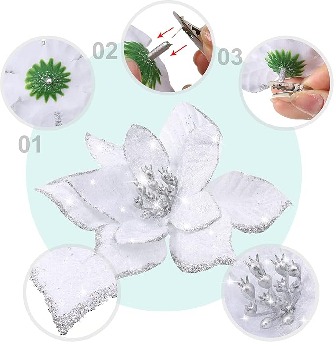 WILLBOND 24 Pcs 3 Size Poinsettia Flower Artificial Christmas Decor Glitter Poinsettia Christmas Ornaments Faux Flowers for Xmas Tree Outdoor(3.2/4/6 Inches,White)