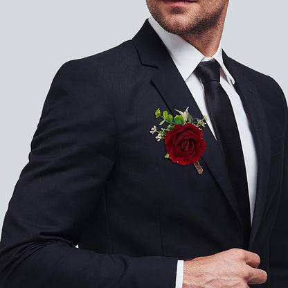 Ivory Rose Boutonniere for Men Wedding Set of 6 Groom Groomsmen Best Man Artificial Flowers Boutonniere for Wedding Ceremony Anniversary Prom Flowers Formal Dinner Party (6, Red, Middle)