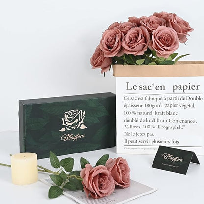 Waipfaru 12 Pcs Artificial Flowers Fake Silk Dusty Roses, Faux Real Touch Roses Bouquet with Long Stem for Wedding Party Home Decor (Dusty Rose)