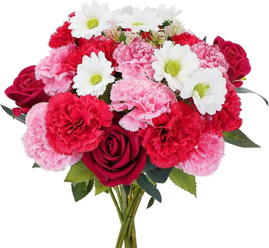HUAESIN Artificial Valentine Flowers Pink Red Valentines Bouquet with Silk Carnations Velvet Roses Valentines Day Decor Flower Arrangements for Table Centerpieces Bedroom Dining Room
