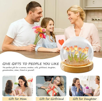 Tulips Lamp Gifts for Women, Tulips Artificial Flowers Night Light, Light Up Pink Tulip in Glass Dome for Bedroom, Unique Birthday Gifts for Women, Mom, Sister, Friends, Cute Home Decor