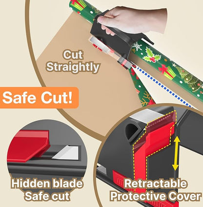 Wrapping Paper Cutter(2-Pack) & Tape Dispenser Dual Use with 4 Tapes for Christmas Gift Wrap Cutter Tool Paper Roll Holder Tube Sliding Slicing for Birthday Holiday.