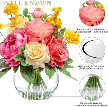 Artificial Flowers Centerpieces in Glass Vase with Fake Water, Silk Rose Peony & Daffodil Bouquet with Vase for Birthday Party Wedding Dinning Table Office Hotel Decor Gift (Yellow, Coral & Hot Pink)