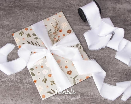 Ribbli White Silk Satin Ribbon - 1.5 Inch x 30 Yard Handmade Frayed Chiffon for Gift Wrapping, Wedding Invitations, Bridal Bouquets & Home Decor