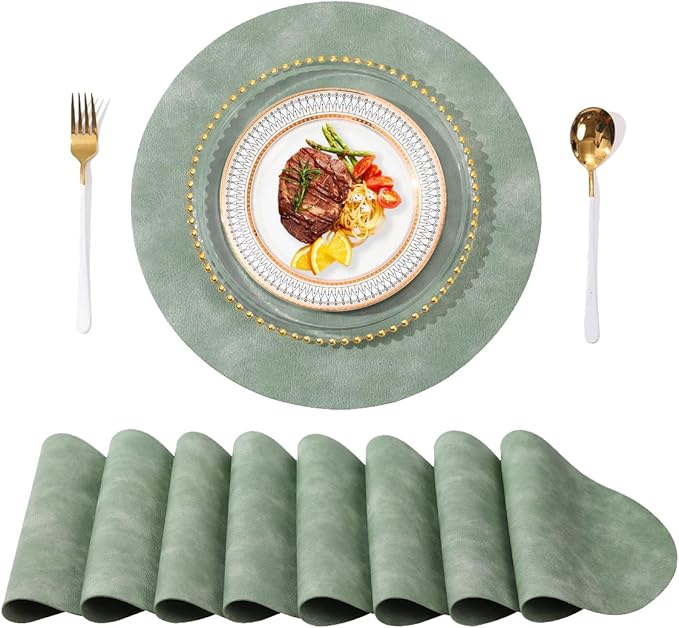 UnivoColors PU Leather Placemats Set of 8,15 Inches Round Washed Cowhide Pattern Table Mats for Dining Table, Kitchen, Party Decoration(Retro Green)