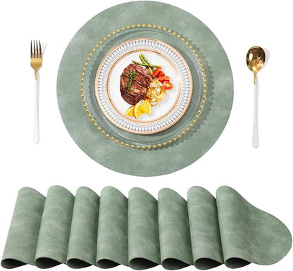 UnivoColors PU Leather Placemats Set of 8,15 Inches Round Washed Cowhide Pattern Table Mats for Dining Table, Kitchen, Party Decoration(Retro Green)