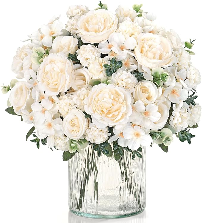 2 Bundles White Peonies Artificial Flowers Silk Flower Centerpieces for Tables Fake Flower Arrangements Bouquets Mixed Roses Hydrangea with Stems for Wedding Bridal Bouquets Home Table Decor