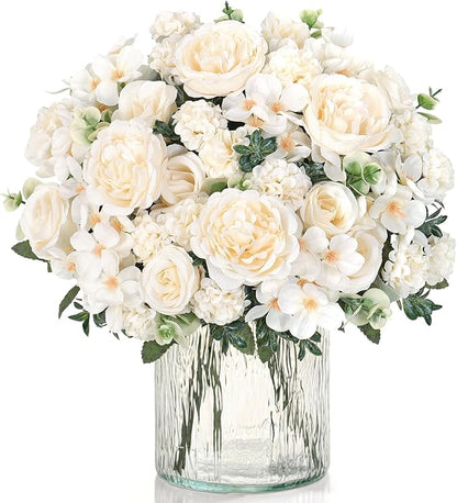 2 Bundles White Peonies Artificial Flowers Silk Flower Centerpieces for Tables Fake Flower Arrangements Bouquets Mixed Roses Hydrangea with Stems for Wedding Bridal Bouquets Home Table Decor