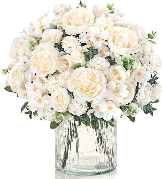 4 Bundles White Peonies Artificial Flowers Silk Flower Centerpieces for Tables Fake Flower Arrangements Bouquets Mixed Roses Hydrangea with Stems for Wedding Bridal Bouquets Home Table Decor