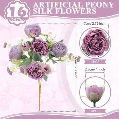 16 Bundles Artificial Peonies Silk Peonies Faux Flower Bouquet Fake Peony Flower Arrangements Table Centerpieces for Vase Wedding Party Boho Home Office Decoration Bulk (Purple)