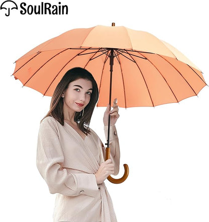 SoulRain 16 Ribs 48" Stick Umbrella Auto Open Solid Color Fashionable and Simple，Arc Classic Wood Handle，Windproof Unbreakable Stick Rain Umbrella