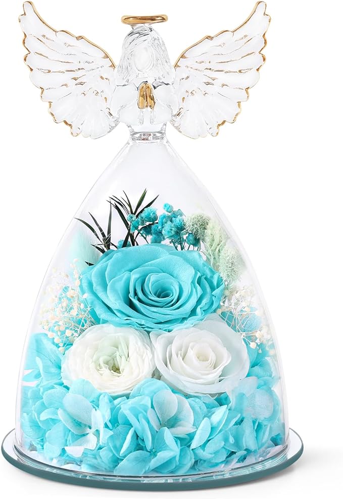 FIACO Gifts for Women Mom Preserved Rose Forever Flower in Glass Angel Figurine Fresh Flowers for Delivery Birthday Gifts for Grandma Wife Sister Christmas Anniversary Eternal Roses