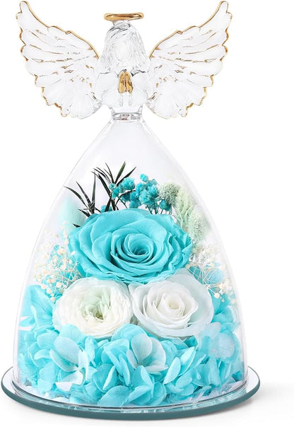 FIACO Gifts for Women Mom Preserved Rose Forever Flower in Glass Angel Figurine Fresh Flowers for Delivery Birthday Gifts for Grandma Wife Sister Christmas Anniversary Eternal Roses
