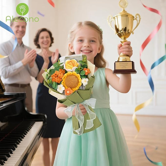 Alecono Crochet Flower Bouquet, Knitted Sunflower Flowers, Green Handmade Bouquet of Flowers for Lover Anniversary Birthday Party Mother's Day Graduation Gifts (Include Card)