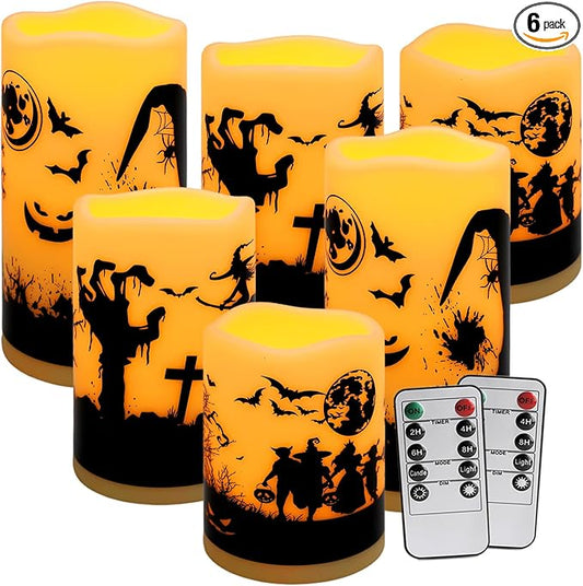 A Set of 6 Halloween-Themed LED flameless Candles, Featuring a timed Remote Control and Halloween-Themed Atmosphere Patterns, Perfect for Trick-or-Treating LED Candles，Halloween Spooky.