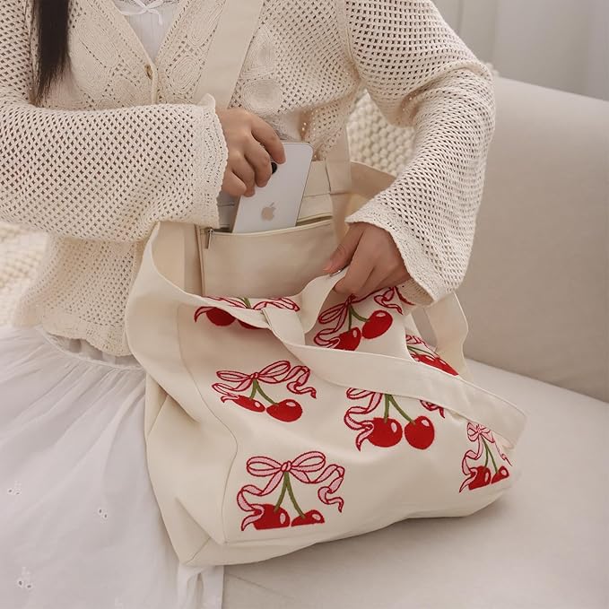 Aesthetic Embroidery Tote Bag for Lady Cute Reusable Canvas Shoulder Bag for Girls Women Shopping Grocery