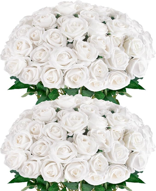White Roses Artificial Flowers 50 Pack in Bulk, Fake Roses Flowers Realistic Roses for Wedding Home Party Decoration Event Gift (White)