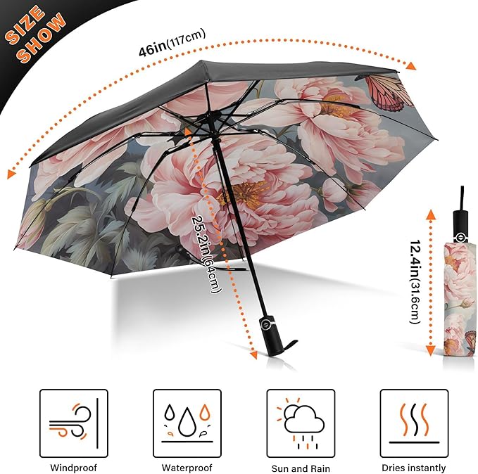 Automatic Folding Umbrella Windproof Strong, UV Protection Compact Floral Hydrangea Hummingbird Sun Rain Sun Rain Travel Umbrellas for Women Men