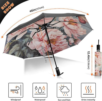 Automatic Folding Umbrella Windproof Strong, UV Protection Compact Floral Hydrangea Hummingbird Sun Rain Sun Rain Travel Umbrellas for Women Men