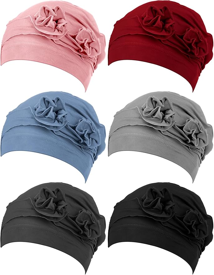 JenPen 6 Pcs Chemo Headwear for Women Stretchy Soft Turbans for Cancer Solid Beanie Flower Chemo Caps for Hair Loss