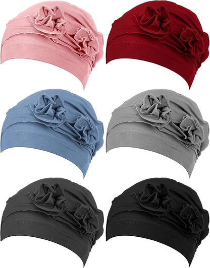 JenPen 6 Pcs Chemo Headwear for Women Stretchy Soft Turbans for Cancer Solid Beanie Flower Chemo Caps for Hair Loss