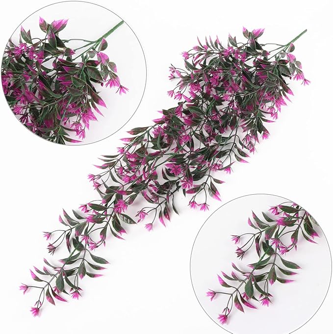 Artificial Hanging Plant for Outdoor Decor, Fake Vine Plants Faux Plastic Ivy Leaves Foliage UV Resistant Greenery Flowers Home Garden Indoor Door Wall Wedding Party Decoration - Fuchsia 4 Pack