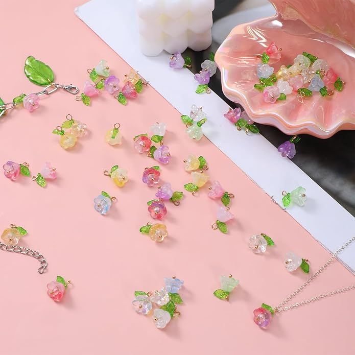 60Pcs Glass Flower Charms for Jewelry Making, Crystal Glass Floral Pendants Gold Floral Beads Charms Transparent Blooming Rose Dangle Charm for Jewelry Making Bracelet Earring Necklace Craft