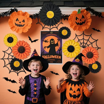 Paper Flowers Decorations for Wall, Black and Orange Party Decorations 3D Large Artificial Flower Hanging Paper Fans Fall Bulletin Board Decoration for Classroom Autumn Thanksgiving Window Fall Decal
