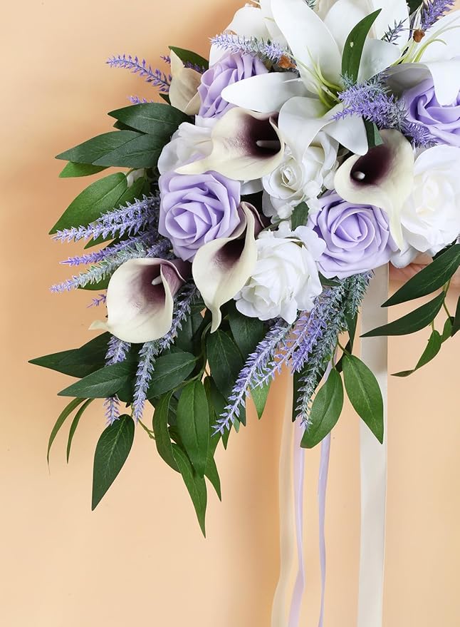 Wedding Bouquet,11 Inch Bridal Bouquet Cascading Wedding Bouquets for Bride for Wedding Ceremony and Anniversary(Lilac & White)