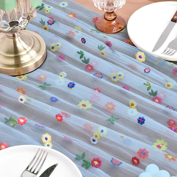 Joanlody Blue Embroidery Daisy Christmas Table Runner Florals Seasonal Tulle Table Runner Holiday Kitchen Dining Table Decoration Wedding Party