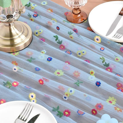 Joanlody 3pcs Blue Embroidery Daisy Christmas Table Runner Florals Seasonal Tulle Table Runner Holiday Kitchen Dining Table Decoration Wedding Party