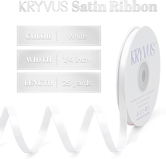 White Satin Ribbon, Double Faced 1/4 Inch X 25 Yards White Ribbon, Premium Satin Ribbons for Gift Wrapping, Crafts, Hair Bow Making, Sewing, Flower Bouquet, Wedding Party Decor