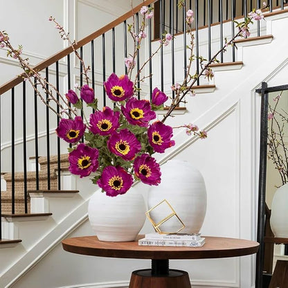 28.3" Purple Artificial Flowers Poppy Flowers 3Pcs Silk Fake Poppy Flowers Real Touch Faux Poppies Spring Flower Long Stem Arrangement with 4 Heads for Party Centerpiece Bouquet Table Home Decoration