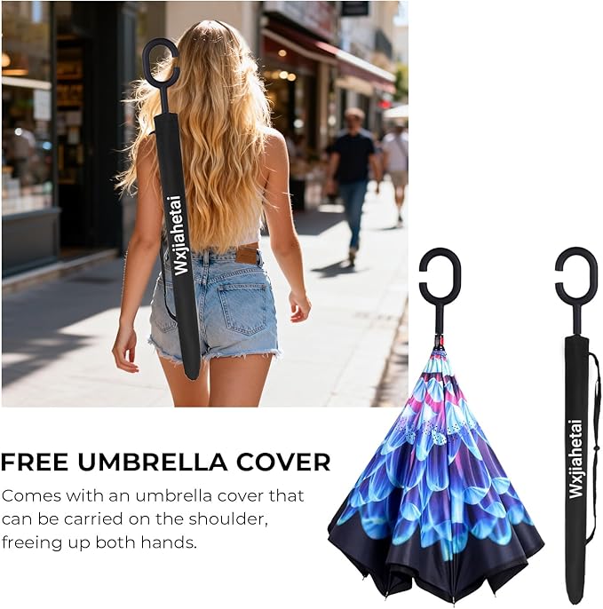 Inverted Umbrella, 49 Inch Double-Layer Vented Reverse Umbrella, Windproof Waterproof UV Protection, Lightweight C-Handle, Fiberglass Ribs, Steel Shaft, Travel/Commute/Car Use, With Sleeve