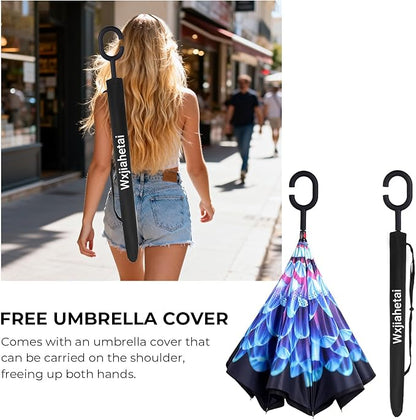 Inverted Umbrella, 49 Inch Double-Layer Vented Reverse Umbrella, Windproof Waterproof UV Protection, Lightweight C-Handle, Fiberglass Ribs, Steel Shaft, Travel/Commute/Car Use, With Sleeve