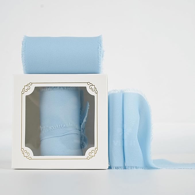 MEEDEE Light Blue Chiffon Ribbon 3 Inch Fringe Ribbons Baby Blue Chiffon Silk Frayed Edge Ribbon Wide Chiffon Ribbons for Crafts, Flower Bouquet, Wedding Favors Wrapping (2 Rolls 10 Yards)