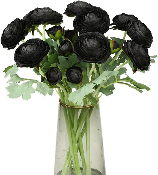 Artificial Ranunculus Flowers with Real Touch Stem,Silk Ranunculus Flowers (Black, 10)
