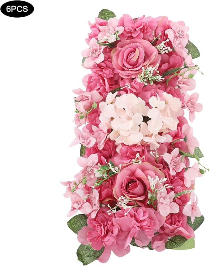 Flower Wall Panel Backdrop, 6pcs 20 X 8 Inch Artificial Floral Panels, Dahlia + Peony + Rose, 3D Fake Silk Flower Backdrop for Wedding Party Dining Table Centerpiece Decorations (Purple and Pink)