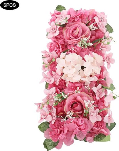 Flower Wall Panel Backdrop, 6pcs 20 X 8 Inch Artificial Floral Panels, Dahlia + Peony + Rose, 3D Fake Silk Flower Backdrop for Wedding Party Dining Table Centerpiece Decorations (Purple and Pink)