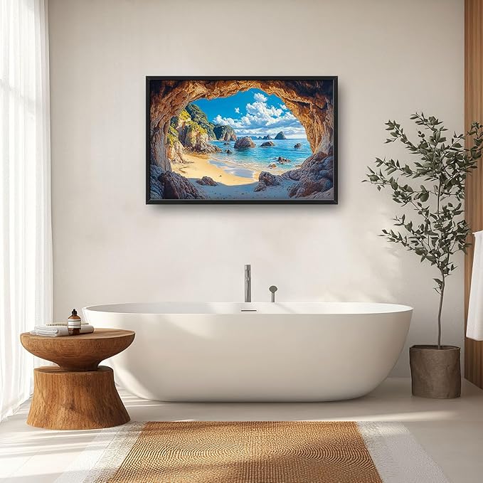 Beach Large Wall Art Rocky Cave Pictures Wall Decor Coastal Canvas Seascape Print Painting Modern Artwork Home Decoration for Living Room Bathroom Bedroom Office Framed 36"x24"