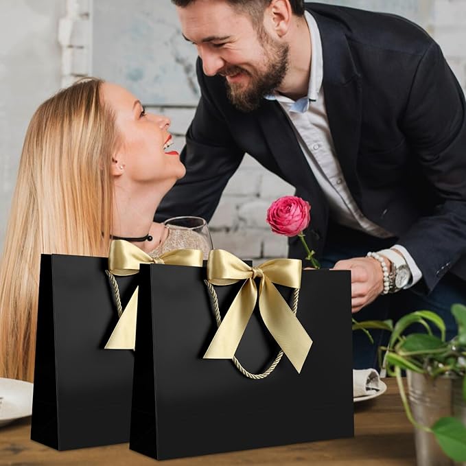 JMANNI Gift Bag, Medium Gift Bags with Tissue Paper, 2Pcs Gift Bags Medium Size with Handle and Bow Ribbon for Any Birthday,Weddings, Mothers Day & Special Occasion 11''x7.87''x4''(Black)