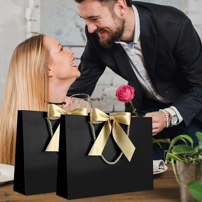 JMANNI Gift Bag, Medium Gift Bags with Tissue Paper, 2Pcs Gift Bags Medium Size with Handle and Bow Ribbon for Any Birthday,Weddings, Mothers Day & Special Occasion 11''x7.87''x4''(Black)