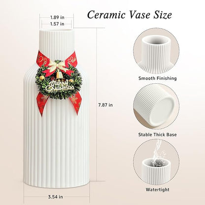 Pure White Ceramic Flower Vase for Christmas, Minimalist Modern Home Decor, Matte Finish Pampas Grass Vase for Table, Fireplace, Shelf, Mantel, Entryway and Centerpieces