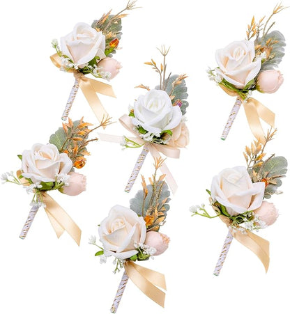 Fnize Champagne Boutonniere for Men, 6 Pcs Groom Groomsmen Boutonnieres, Artificial Flowers for Wedding Prom Homecoming