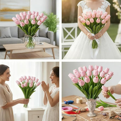 Pink Faux Tulips (20 Pcs) - Premium PU Artificial Flowers for Christmas & Thanksgiving Table Setting, Winter DIY Home Decor - 13.5" Real Touch